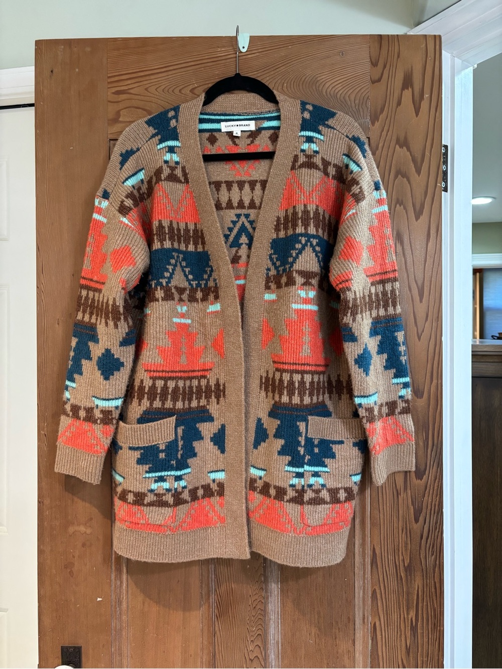 Lucky Brand Aztec Open Cardigan Sweater - Brown, Coral, Teal Size XL